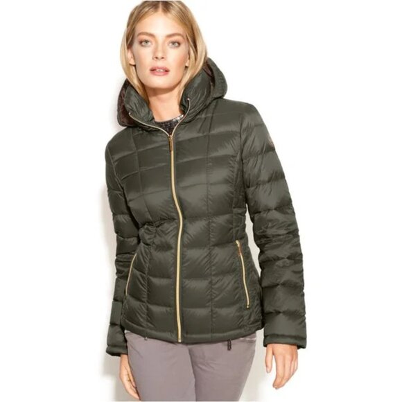 Michael Kors Down Puffer Jacket Packable Quilted Down Khaki Women' Sz Med - Picture 1 of 13